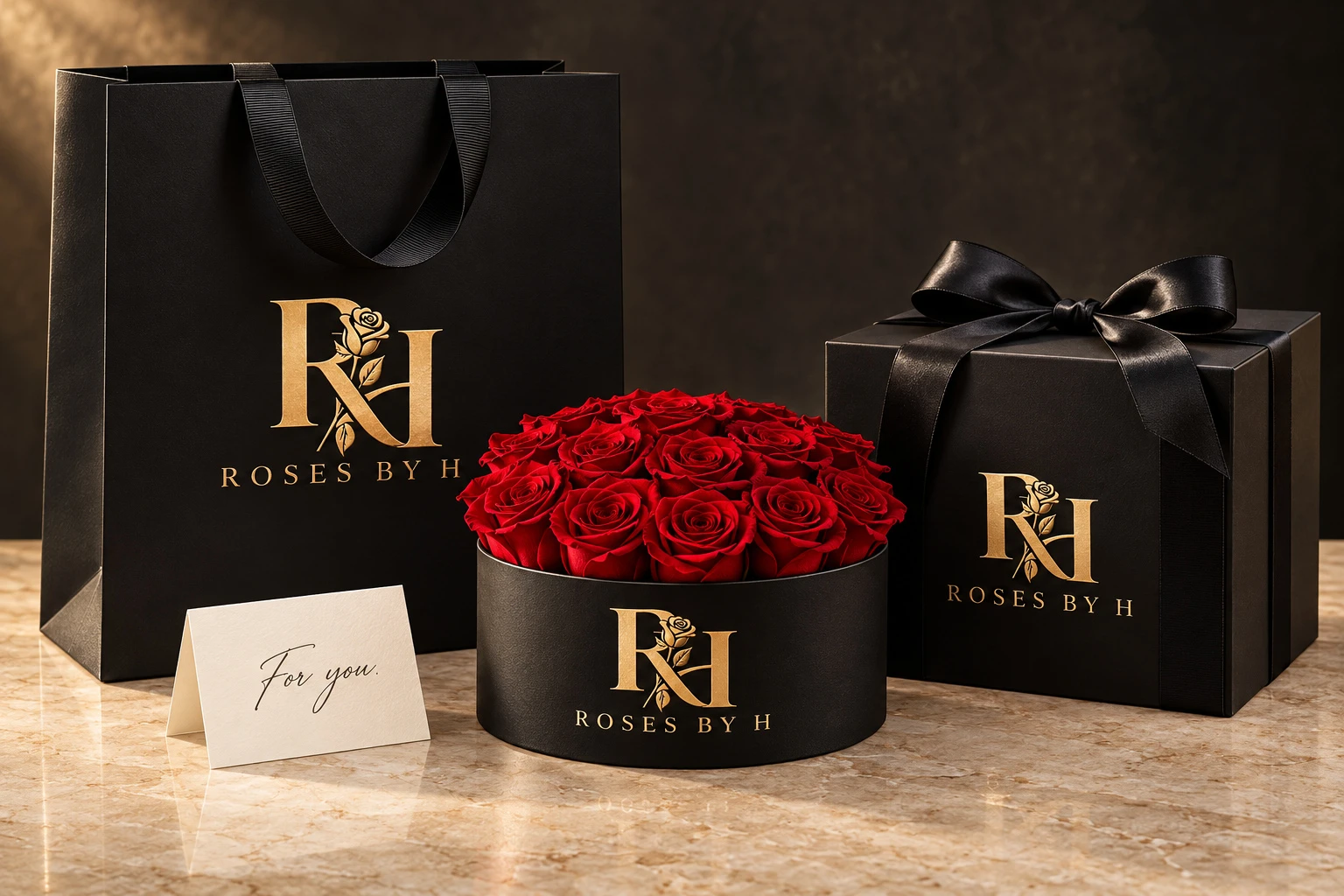 Roses by H gift packaging, signature rose box and gift card